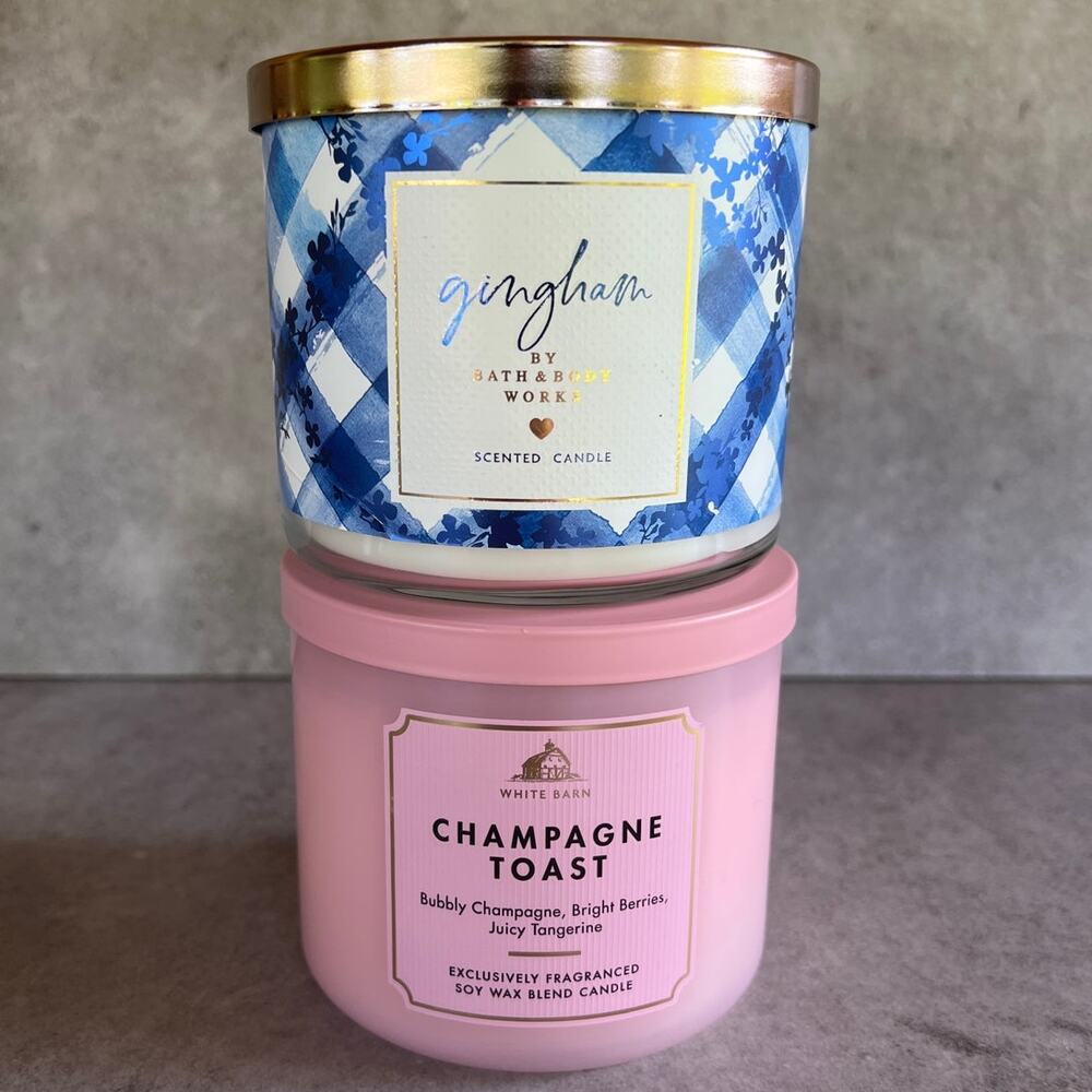 Bath & body Works candles lot of 2 white barn champagne toast & gingham 3 wick